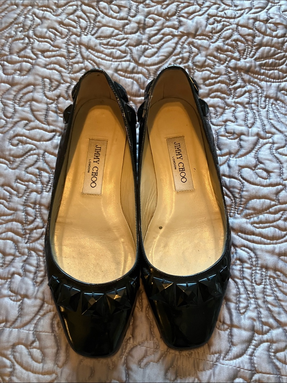Jimmy Choo Black Patent Stud-Embellished Square-Toe Ballet Flats